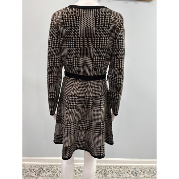 Max Studio Houndstooth Knit Dress Medium Long Sleeve Tie Waist A-Line - Picture 2 of 11